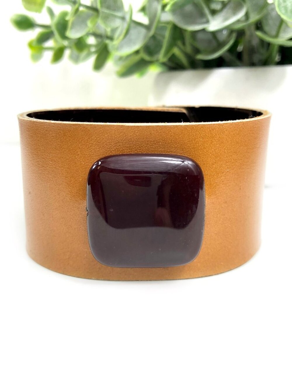 MishaGirl Handmade Caramel Leather Cuff Bracelet Brown Stone Bead Minimalist